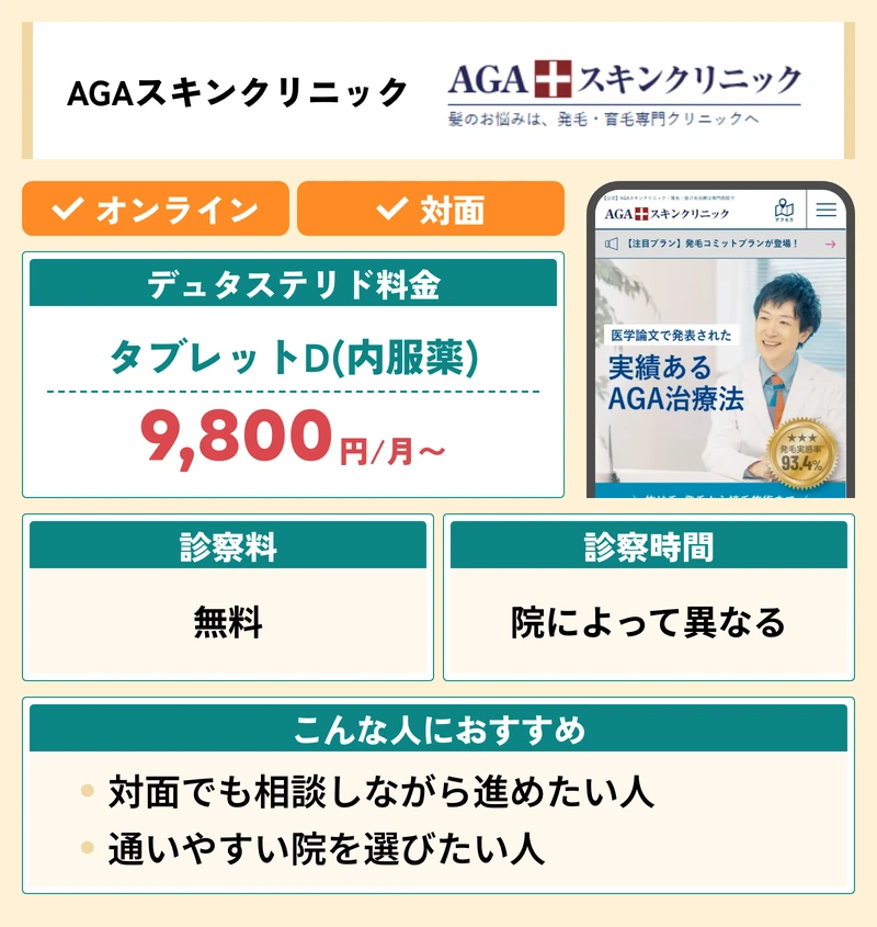 AGAスキンクリニックのデュタステリド料金と診察時間